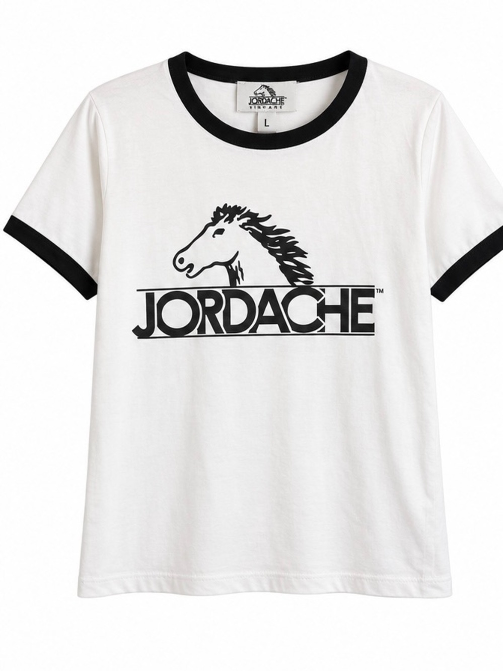 NWT Jordache Vintage Ringer Tee White Black Horse Logo Size L
